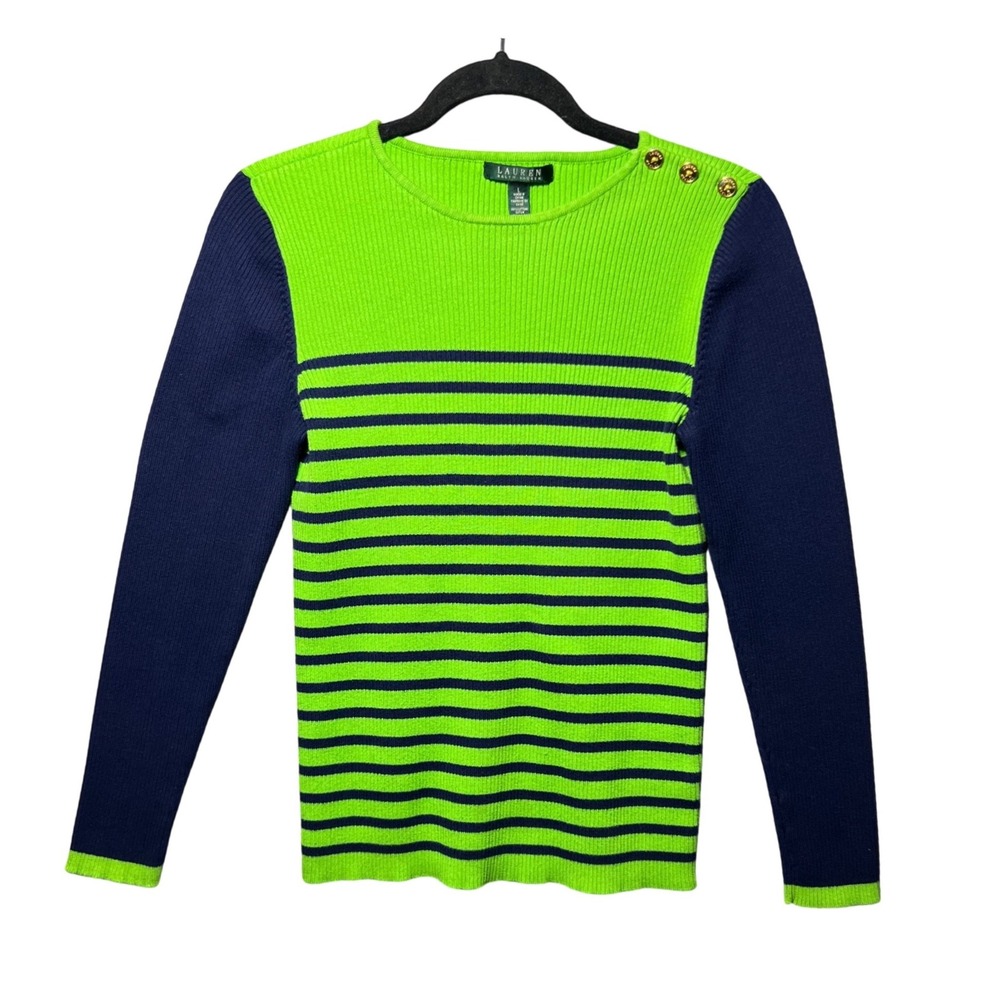 Lauren Ralph Lauren Lime Green Navy Striped Ribbed Sweater Gold Button L‎